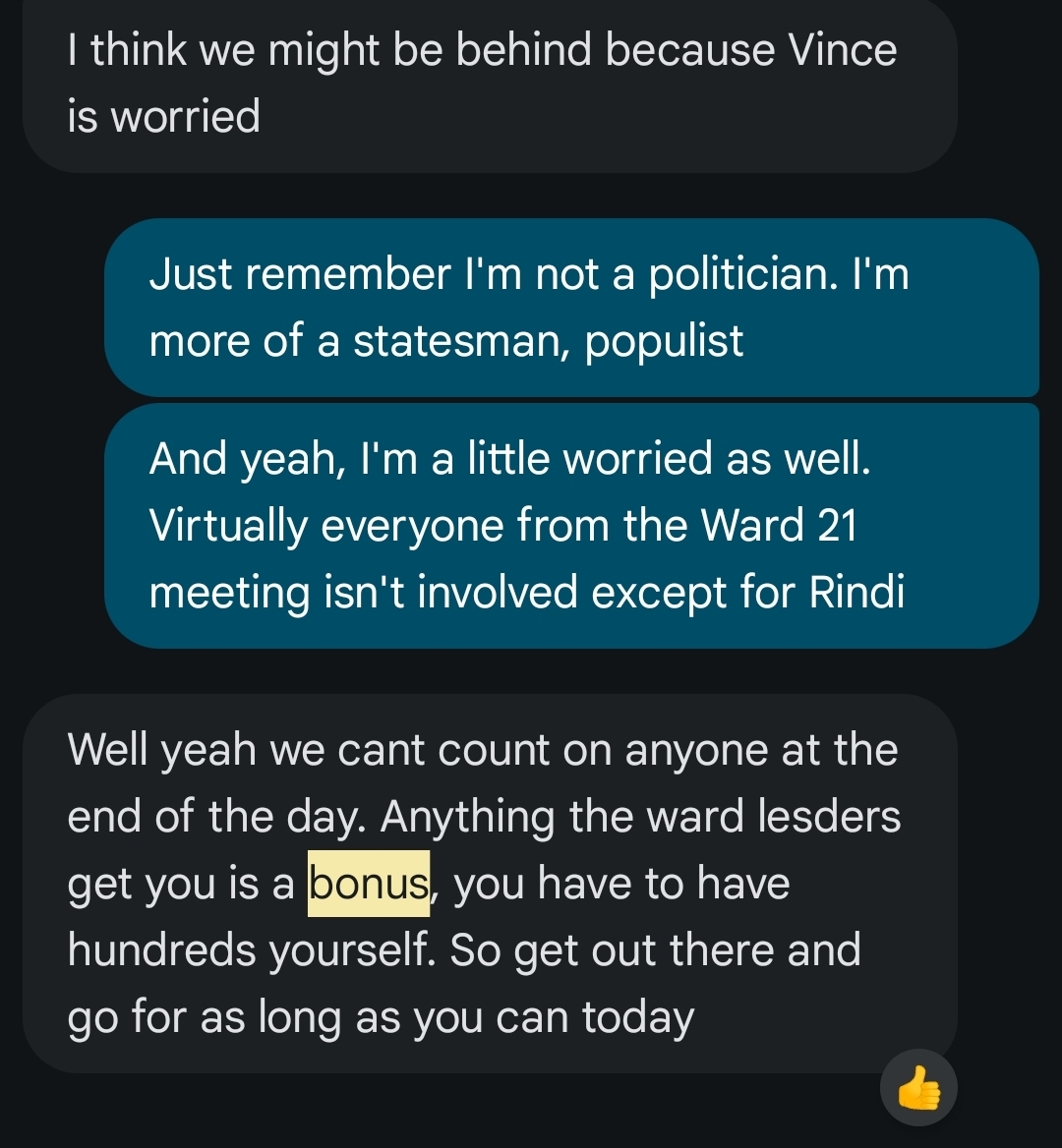 Screenshot of a text message conversation where a party leader describes ward leader support as a 'bonus' rather than a responsibility.