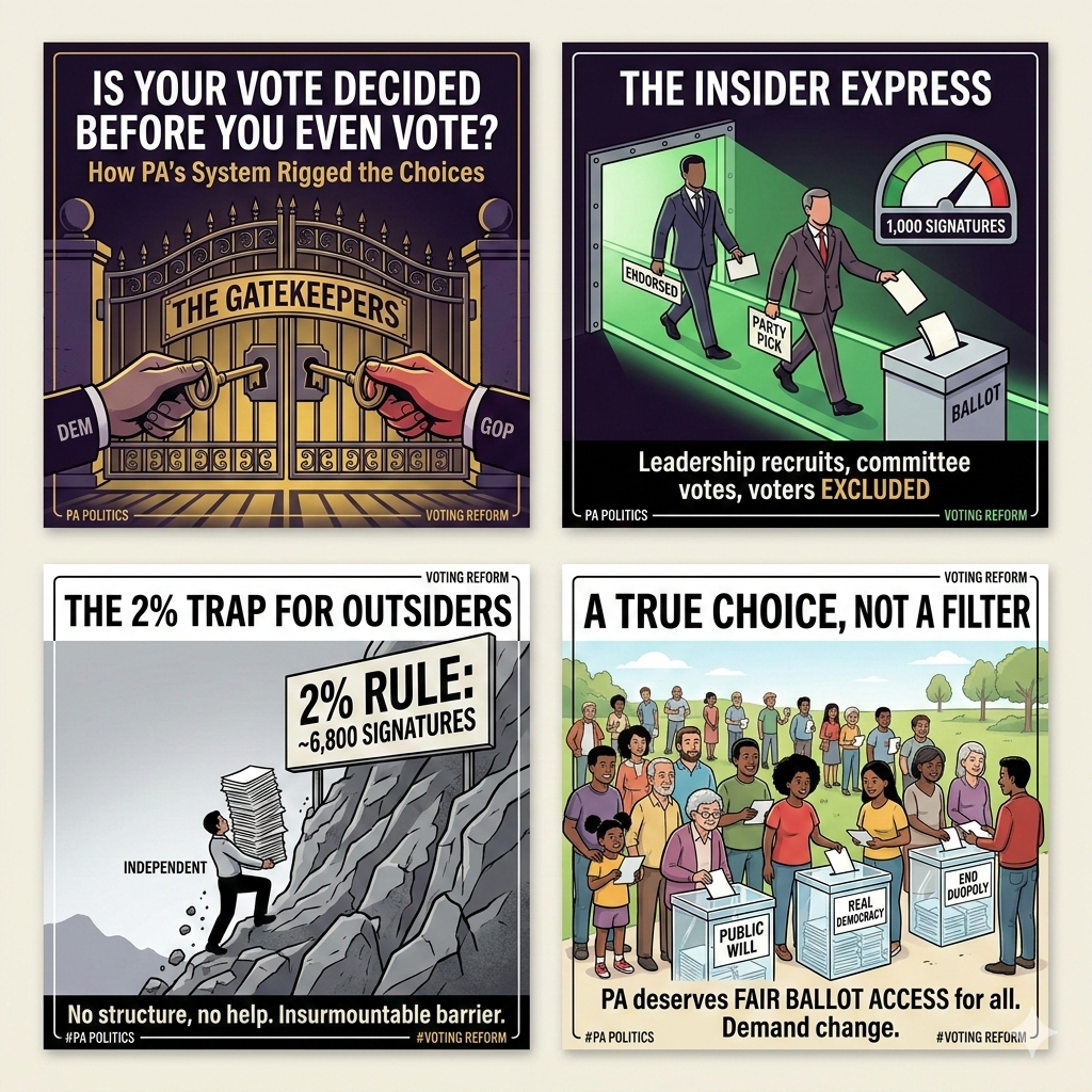 Four-panel cartoon depicting gatekeepers, the insider express, the 2% trap, and the lack of true choice in the pre-primary process.