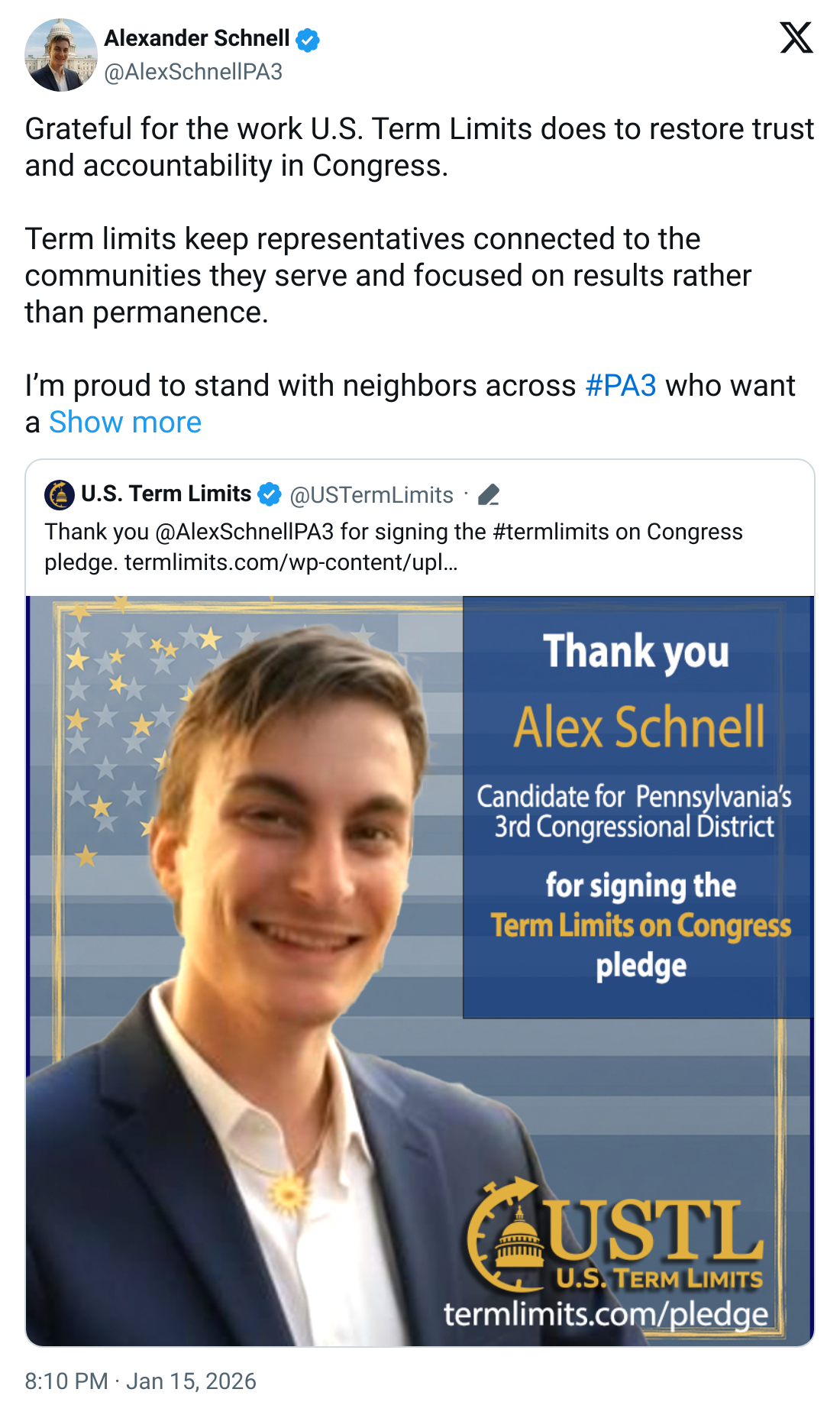 Screenshot of a tweet from Alex Schnell regarding term limits